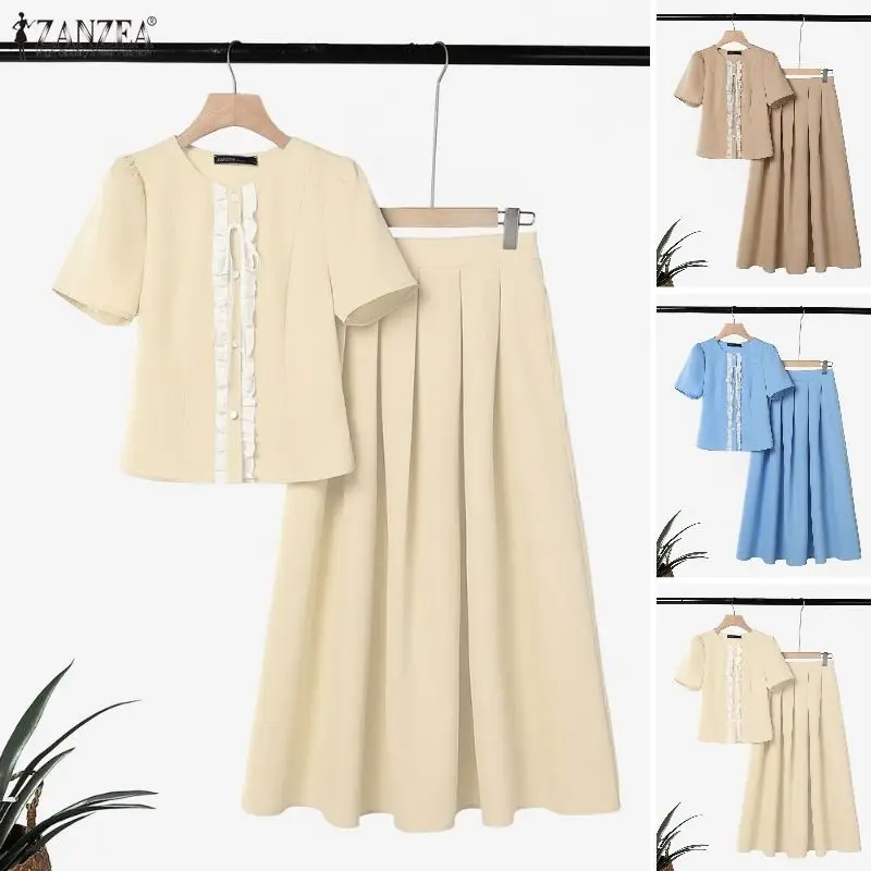 ZANZEA Sommer-Outfits Kurzarm-Rüschenhemdkleid-Sets Einfarbiger A-Linien-Büroanzug Eleganter Damen 2-Teiler
