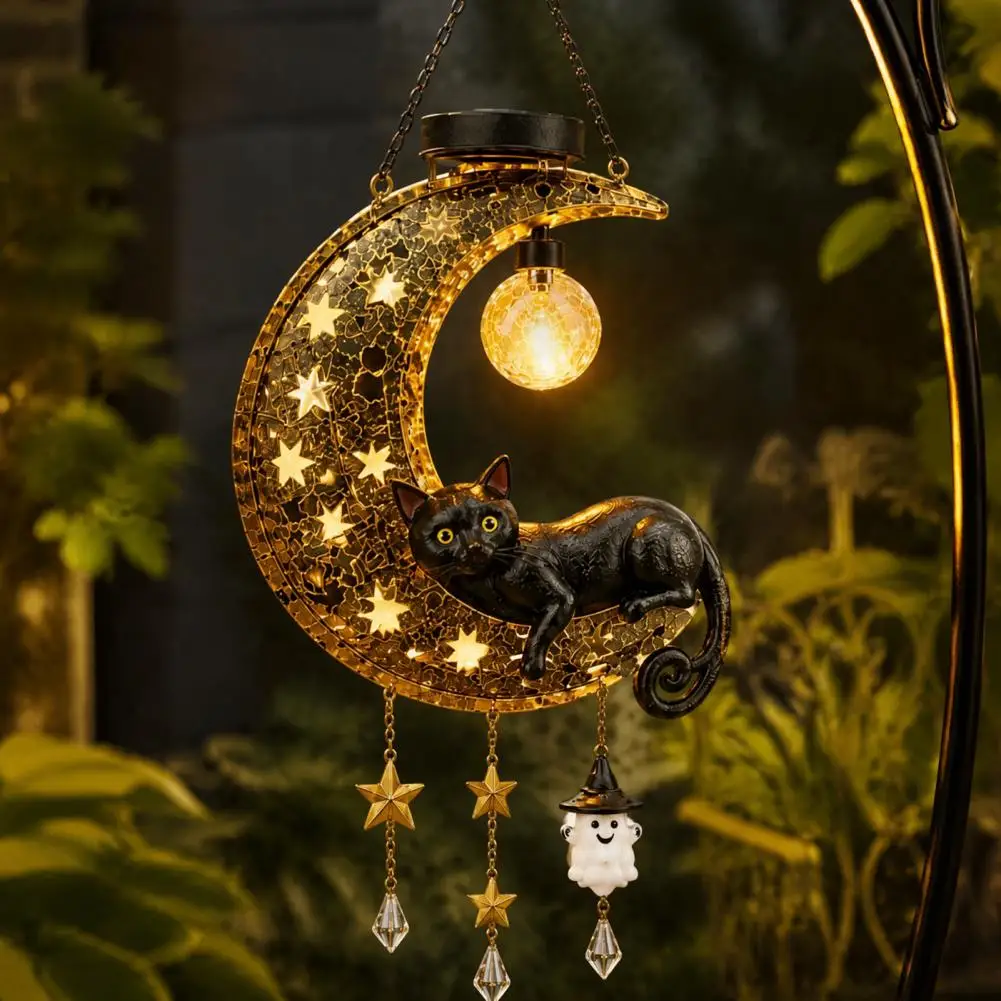 Solar Moon Cat Garden Statue Gift for Family Friends Solar Halloween Moon Cat Lamp with Ghost Star Charm Outdoor Hanging Moon