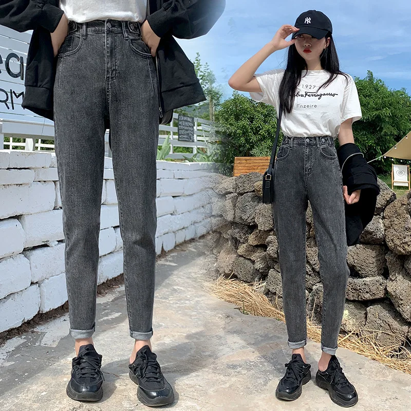 Water Washing High-waisted Stretch Jeans, Women's Spring and Fall Fashion Straight-leg Haren Pants, Casual Elastic-waisted Jeans