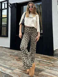 Pantaloni moda donna TRAF New Chic elegante Vintage pantaloni con cerniera a vita alta stampa leopardata pantaloni lunghi Casual larghi Streetwear