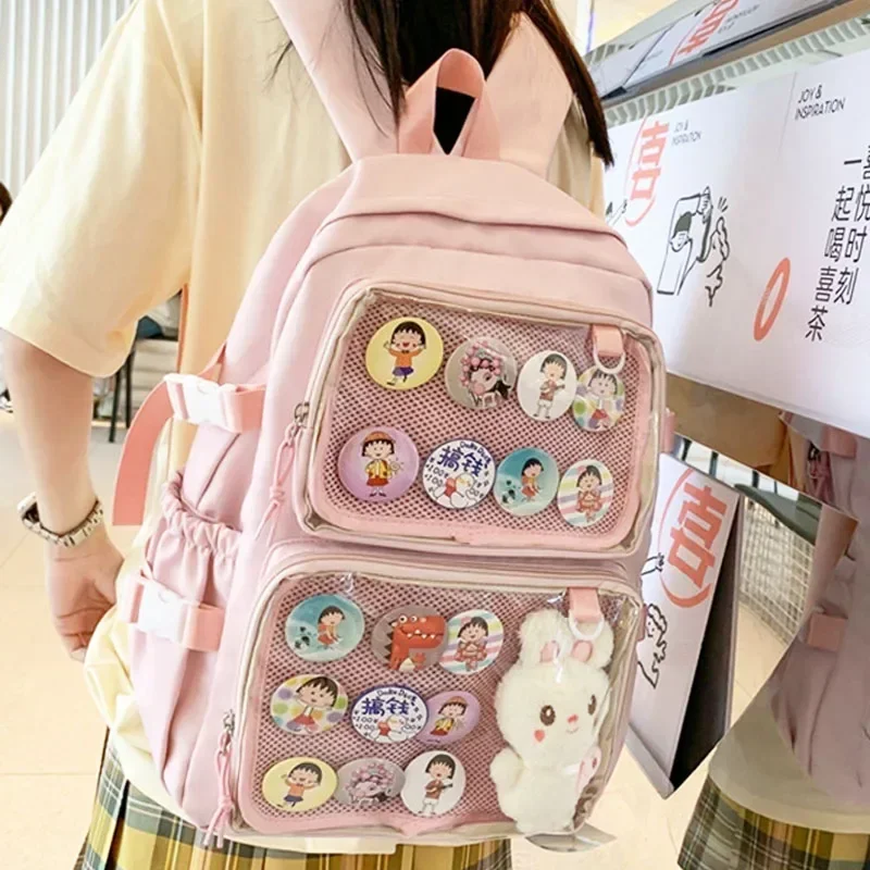 Mochila escolar grande para niñas coreanas, bolsa Kawaii Ita con placa de inserción, rosa, dos bolsillos transparentes para exhibición de pines, mujer