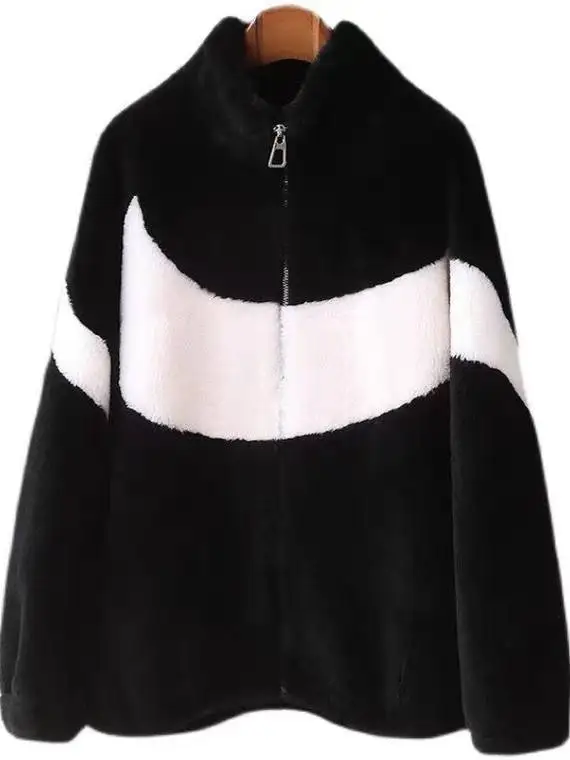 معطف نسائي من Thiened Fce كبير الحجم مصنوع من صوف الحمل كاجوال Sle Street Faion ملابس خارجية شتوية من ألياف البوليستر