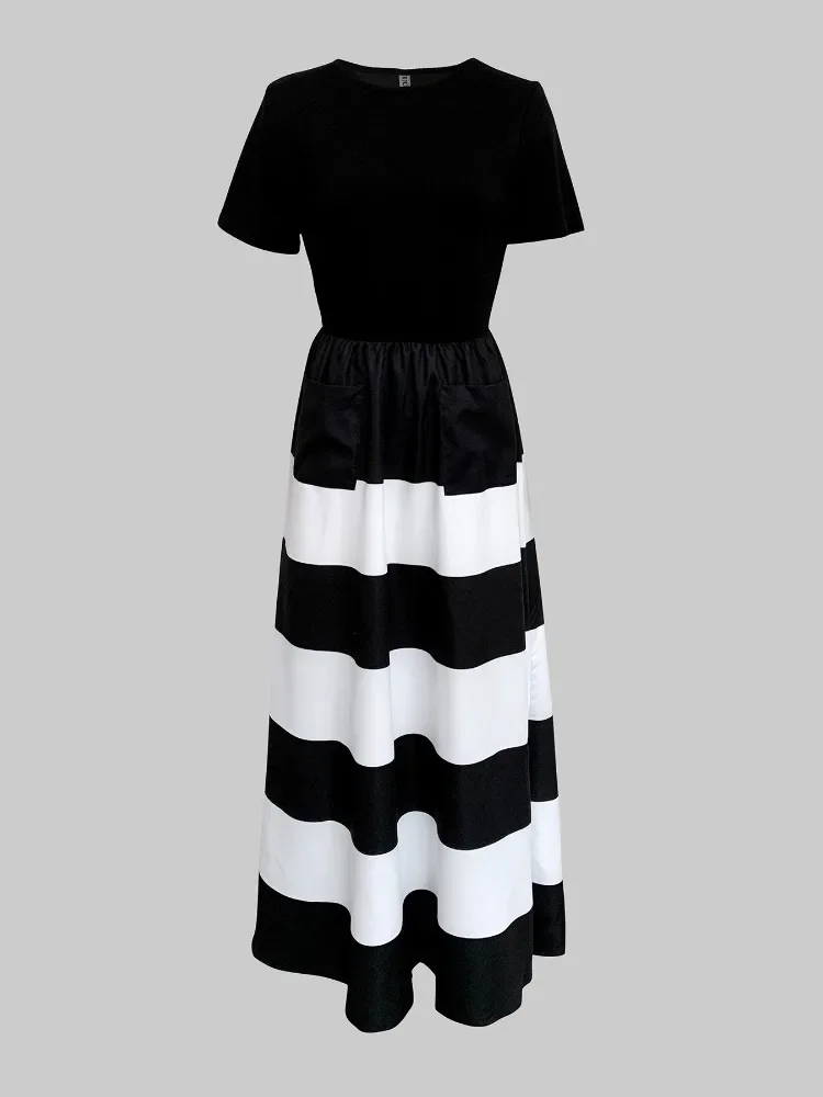 الاتجاه المرأة ألف خط فستان ماكسي عالية الخصر فساتين الحفلات التباين اللون مطوي جيب عادية شاطئ عطلة ضيف فستان أنيق