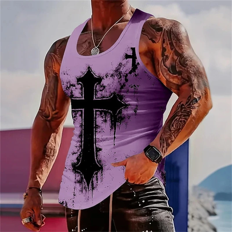 Colorful Pattern Tank Tops For Men Colorful Cross 3D Printed Summer Loose Sports Sleeveless Round Neck Vest Street Y2k Men Tops