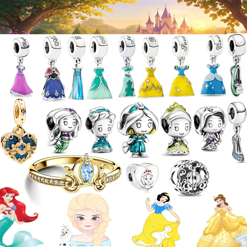 

S925 Silver Miniso Disney Princess Beads Mermaid Elsa Belle Snow White Charms Fit Original Bracelet Trinket DIY Women Jewellry