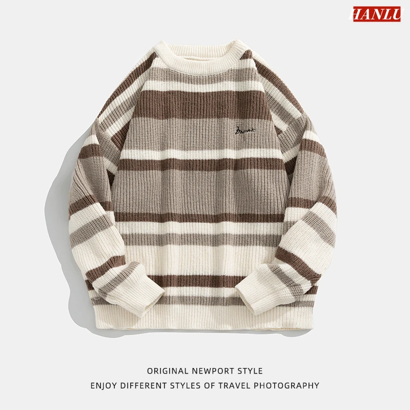 Autumn Winter Men Sweaters Stripe Embroidery Knitting Pullover Korean Fashion Streetwear Men's Clothing 2024 NEW Sweater Male