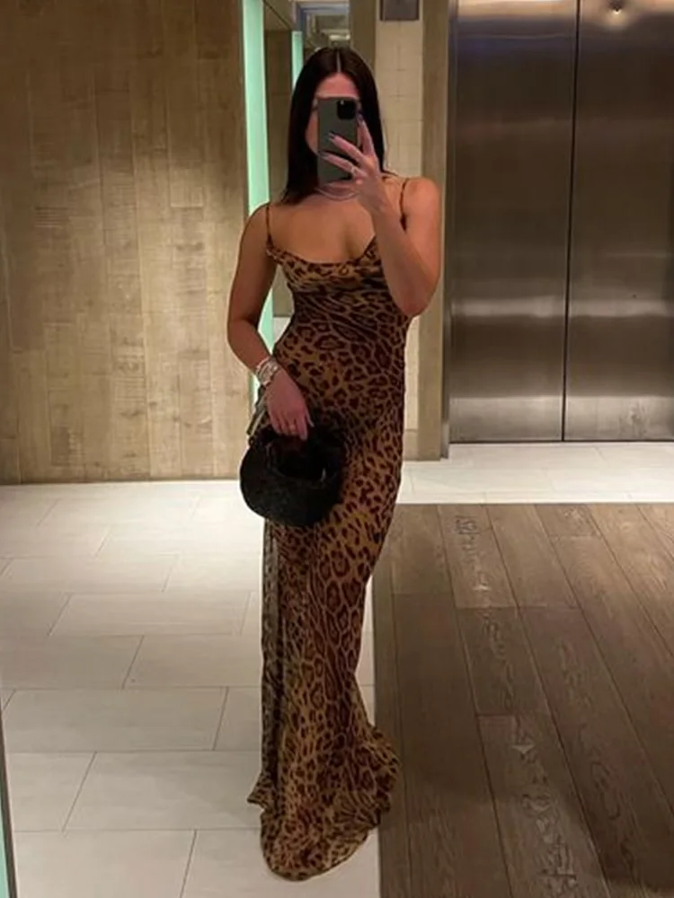 Leopard Print Spaghetti Strap Long Dress Women Backless Slim High Waist Bodycon Dresses Female 2024 Spring Split Sexy Robe