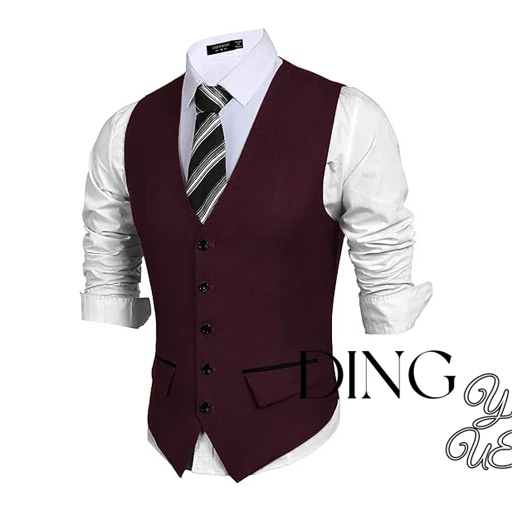 Burgundy Men\'s Business Suit Vest Single-breasted Sleeveless Jacket Wedding Banquet Business Casual Slim  Fit Waistcoat Dress