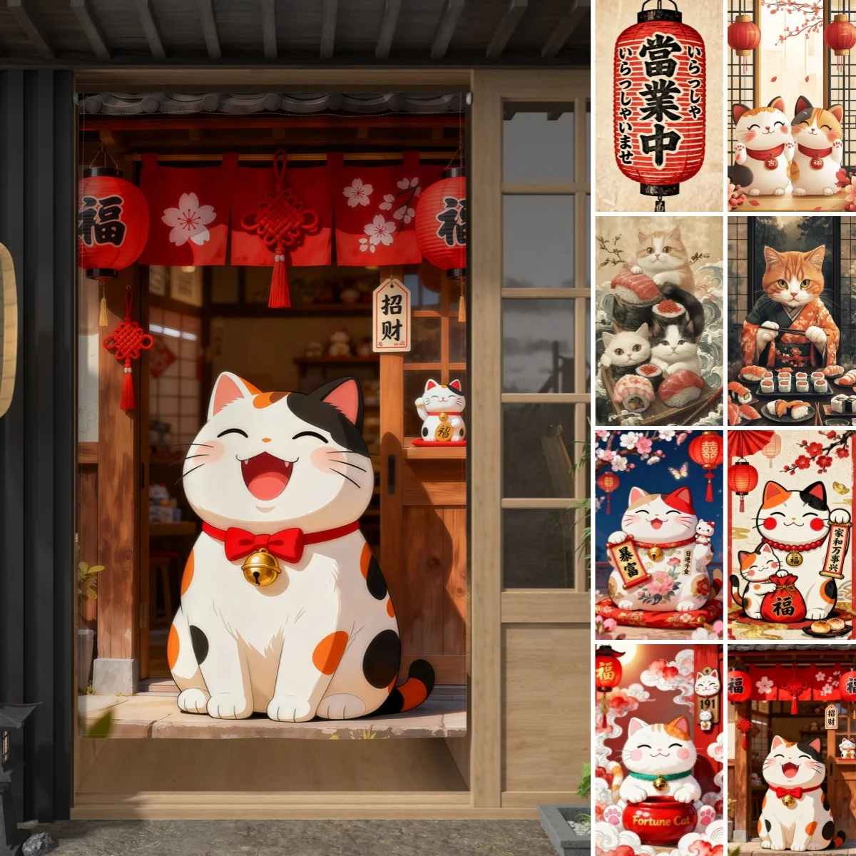 Japanischer Noren Türvorhang, glücklicher Katzendruck, Trennvorhang für Küche, Schlafzimmer, Eingang, Dekor, Tür, Hängevorhang