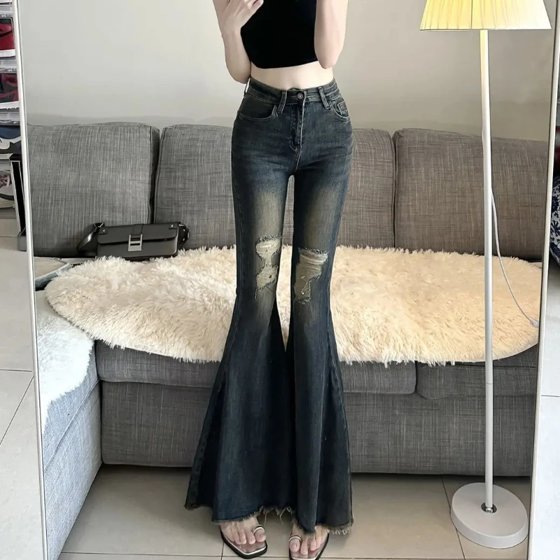 Womens Torn Jeans Streetwear High Waist Shot Ripped Trousers R Original Basics Clothing Aesthetic Wide Leg Denim Pants for Women