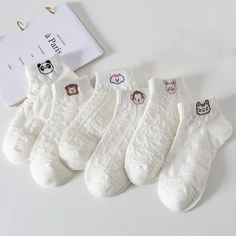 10Piece=5Pairs Women's White Socks Summer Thin Cotton Cute Shallow Mouth Comfortable And Breathable Cartoon Animal Ankle Socks