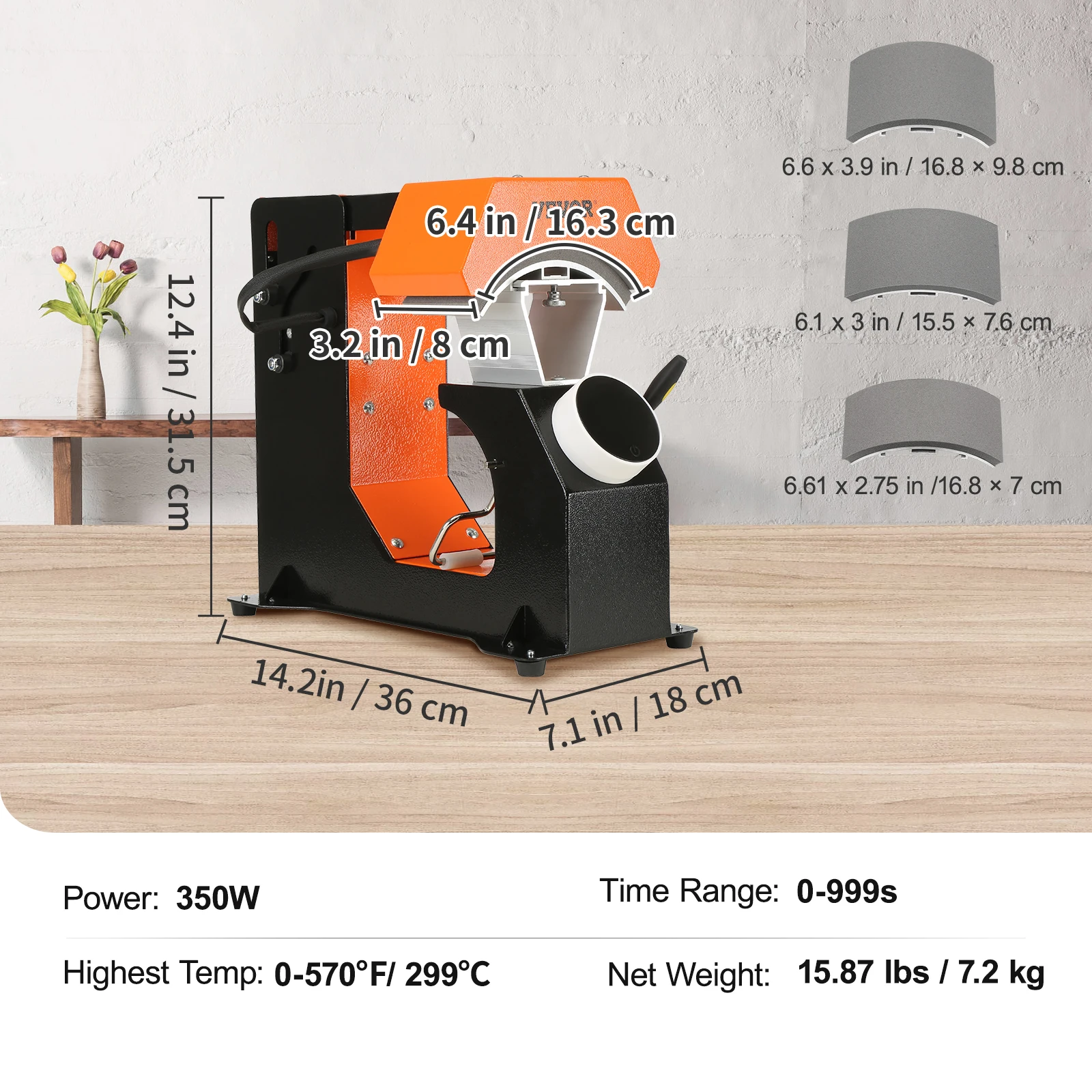 Imagem -06 - Vevor 3-em1 Auto Chapéu Boné Máquina de Imprensa de Calor 6.4x3.5in Botão de Imprensa Clamshell Transferência de Sublimação com Peças Almofada de Aquecimento Substituível