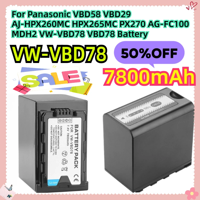 For Panasonic VBD58 VBD29 AJ-HPX260MC HPX265MC PX270 AG-FC100 MDH2 7800mAh VW-VBD78 VBD78 Battery