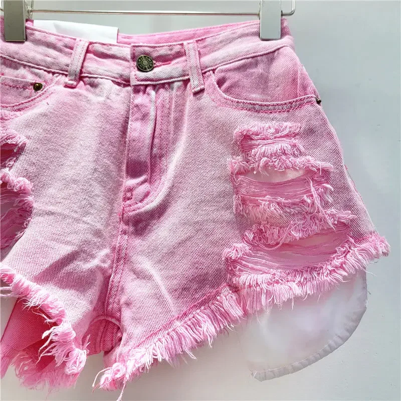 تسرب جيب الشارع هول غسلها الرجعية الأزرق الدنيم السراويل 2025 صيف جديد التوابل فتاة موضة الجينز السراويل الساخنة السراويل النساء