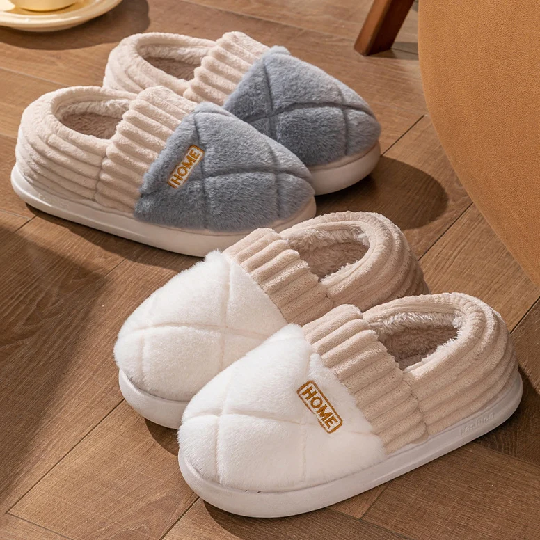 

Home Slippers Men Winter Warm Women Home Bedroom Shoes Indoor Floor Anti-Slip Plush Flats Fashion Outdoor Couples Furry Footwear