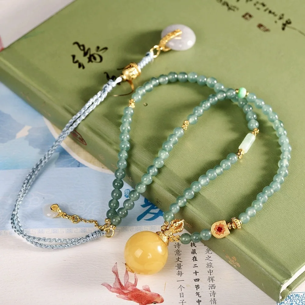 Natural Blue Water Jadeite & Amber Pendant Necklace, S925 Silver Enamel Multi-gem Long Necklace, Safety Clasp Tail