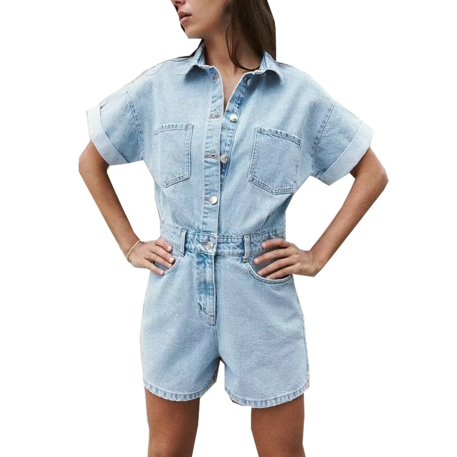 Women\'s clothing new short denim jumpsuit pocket decoration single breasted design casual versatile jumpsuit