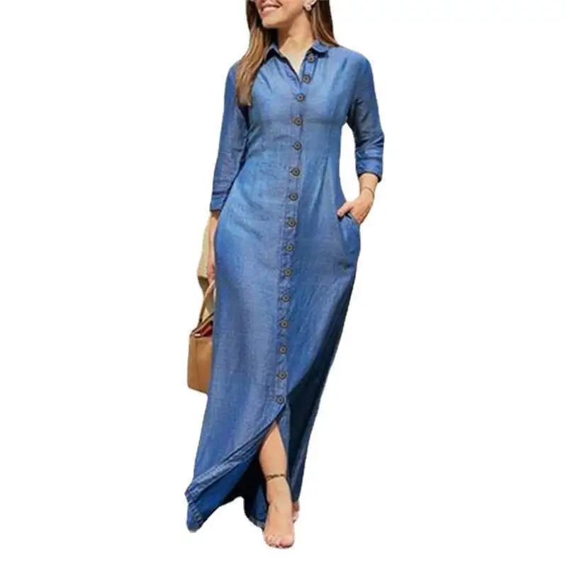 Ladies Denim Solid Color Dress 2023 Summer New Shirt Collar Button Long Denim Skirt Mom Skirt Dress Women Elegant Casual Wear