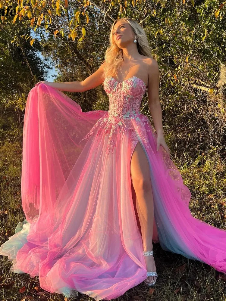 Fairy Pink Sky Blue Prom Party Dress Strapless Appliques Lace Flowers Side Slit Formal Wedding Engagement Evening Gowns