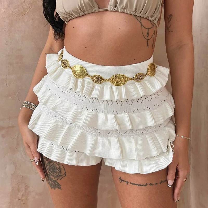 

BKLD 2025 New Ruffles Shorts For Women Solid High-waisted Knit Layer Hollow Shorts Y2K Hottie Casual Club Vacation Outfit Bottom