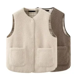 2024 New Spring and Autumn Winter Grid Pattern Two Sided Granular Fleece Vest Fashion Round Neck Clip Imitation Lamb Wool Vest