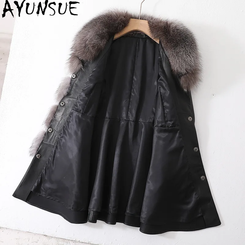 AYUNSUE Echte Schaffell Echtes Leder Jacke Frau 2025, Silber Blau Fuchs Pelz Kragen Damen Jacken Herbst Kleidung Nadalха Ж 1897
