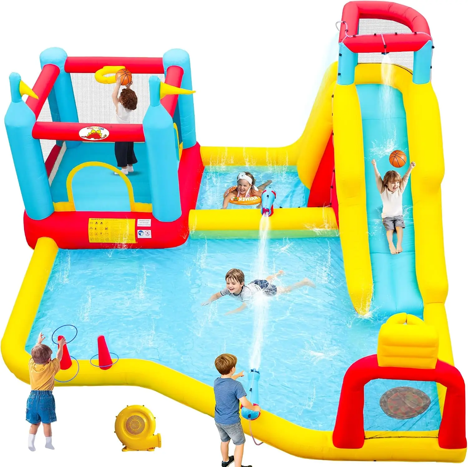 WELLFUNTIME WELLFUNTIME Inflatable Water Slide with Blower, Bouncy Castle with Climbing Wall, Dual Basketball Hoops, Dartboard, Ring Toss - Aliexpress Deal