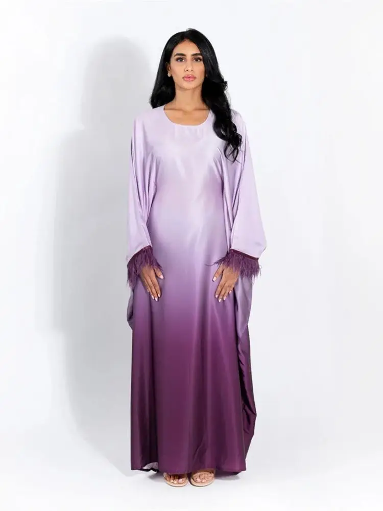 Eid Gradient Fashion Feather Satin Robe Femmes Musulmane Abaya Dubai Muslim Modest Dress Islam Clothing Abayas For Women Kaftan