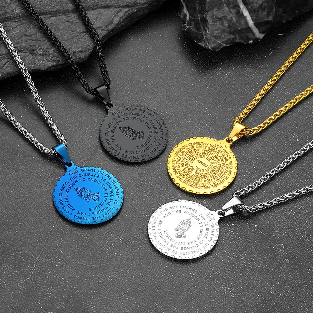 U7 Stainless Steel Bible Verse Prayer Round Heart Necklaces Praying Hand Cross Pendant Wheat Chain Unisex Christian Jewelry Gift