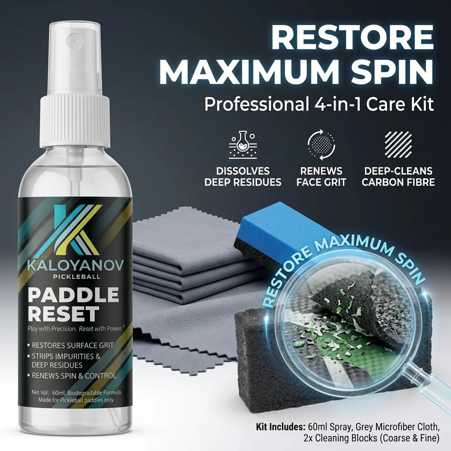 

Professional 4-in-1 Pickleball Paddle Cleaner Kit Spray Eraser Microfiber Cloth Restore Spin Control for Carbon Fiber Paddles