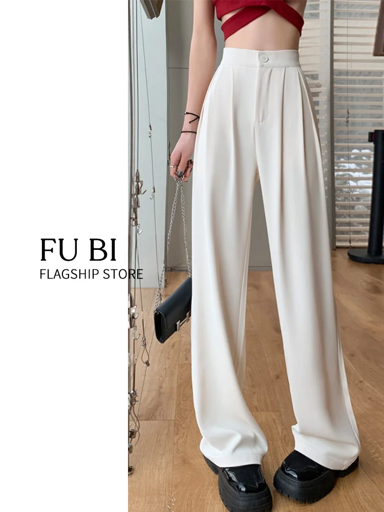 

Белые женские брюки с высокой талией и широкими штанинами, повседневные прямые брюки, весенне-летние, стройнящие, струящиеся, модные