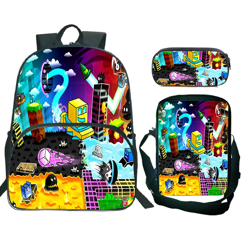 

3 шт./компл., рюкзак с игровой геометрией, рюкзак с мультяшным принтом для мальчиков, сумка через плечо, пенал, большая вместимость, детские школьные сумки