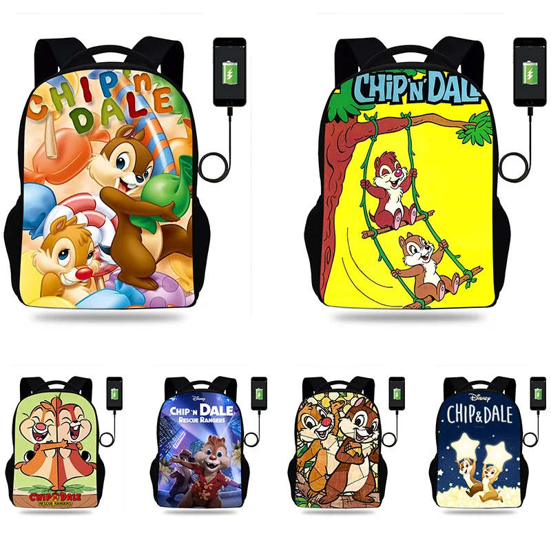 Fashion Chip n Dale Cartoon Backpack Boy Girl Teenager School Bag USB Charging Daily Travel Large Capacity Backpack Mochila