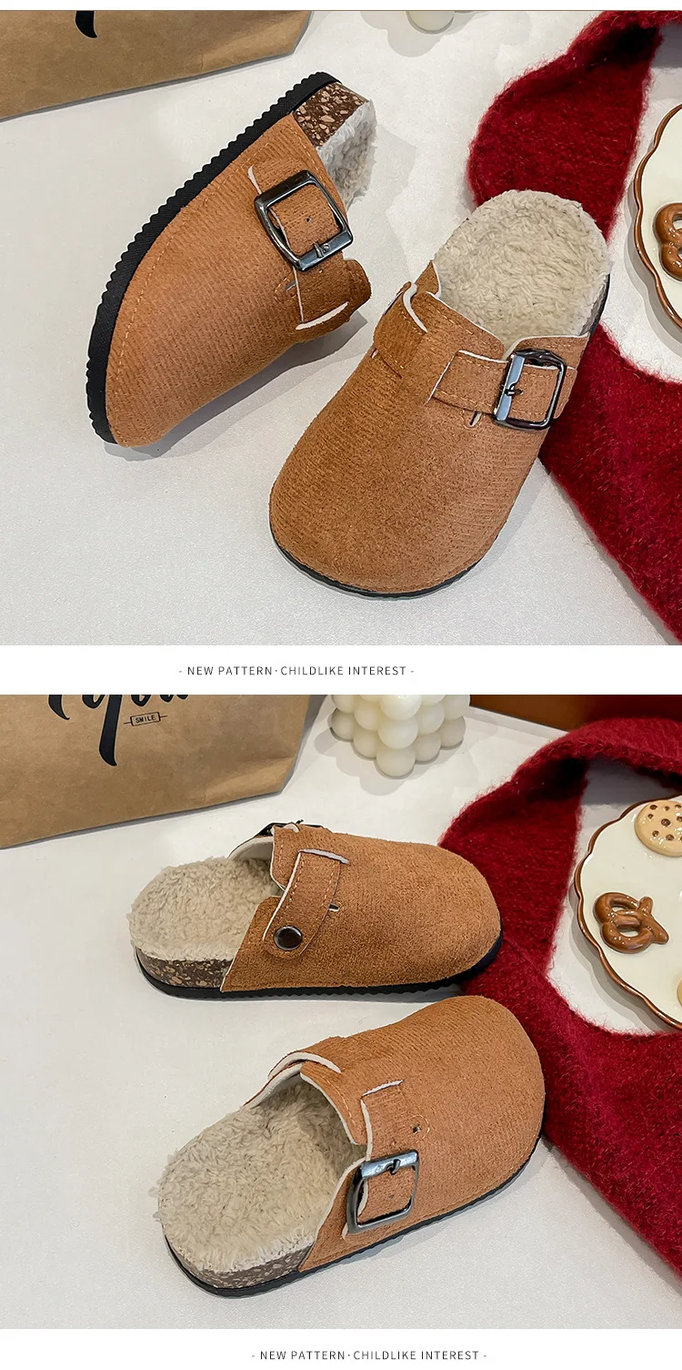 2023 Jungen Mädchen Winter Warme Plüsch Kork Fußbett Pelz Clogs Hausschuhe Dame Pelzigen Haus Wohnungen Baumwolle Hausschuhe – Detail 9