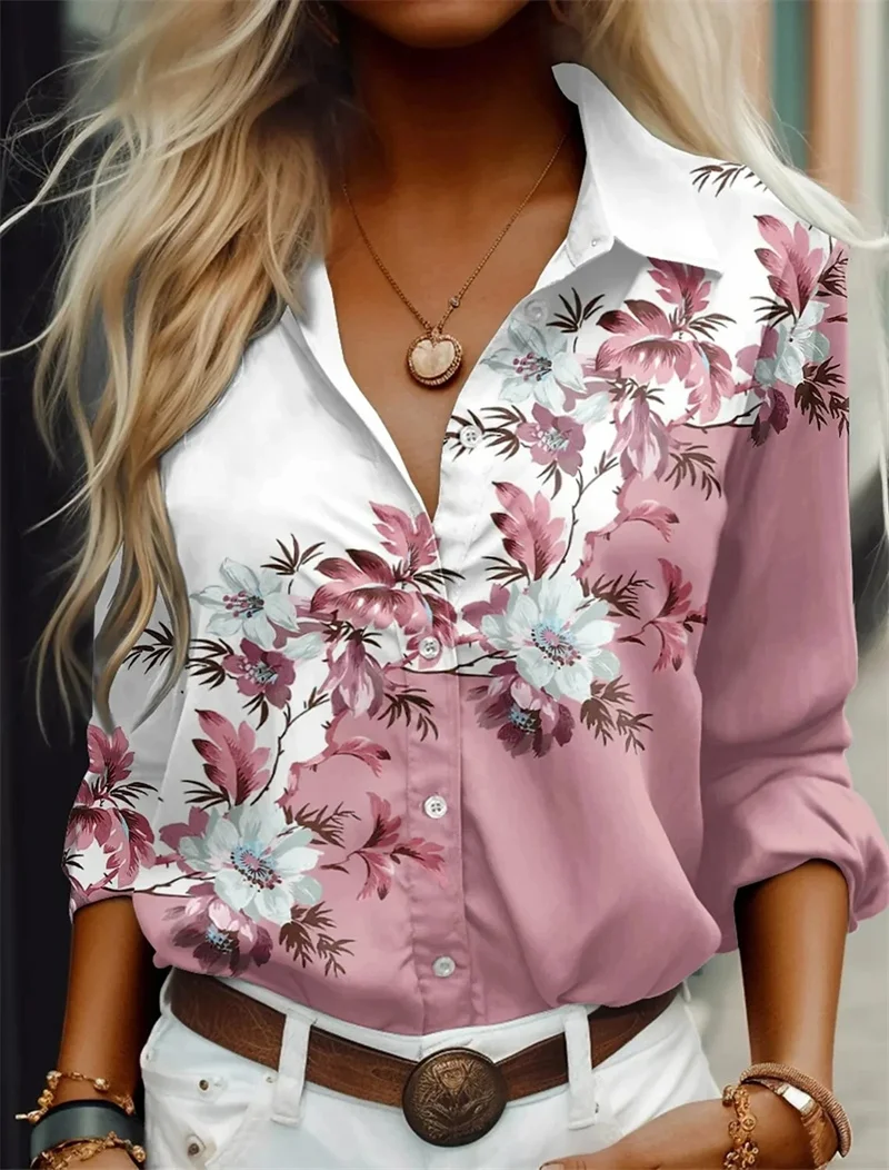 Fashion Women\'s Shirts Casual Blouses Blue Flowers Print Shirt 2024 New Autumn Large Size Female Clothing Temperament Blouse Top