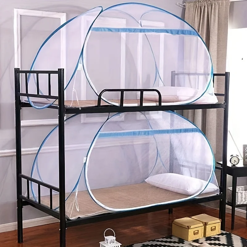 Easy-Install 3-Second Pop-Up Mongolian Yurt Mosquito Net, Full Edge Coverage, Blue, Linen/Polyester Blend, for 2m*1.8m Bed
