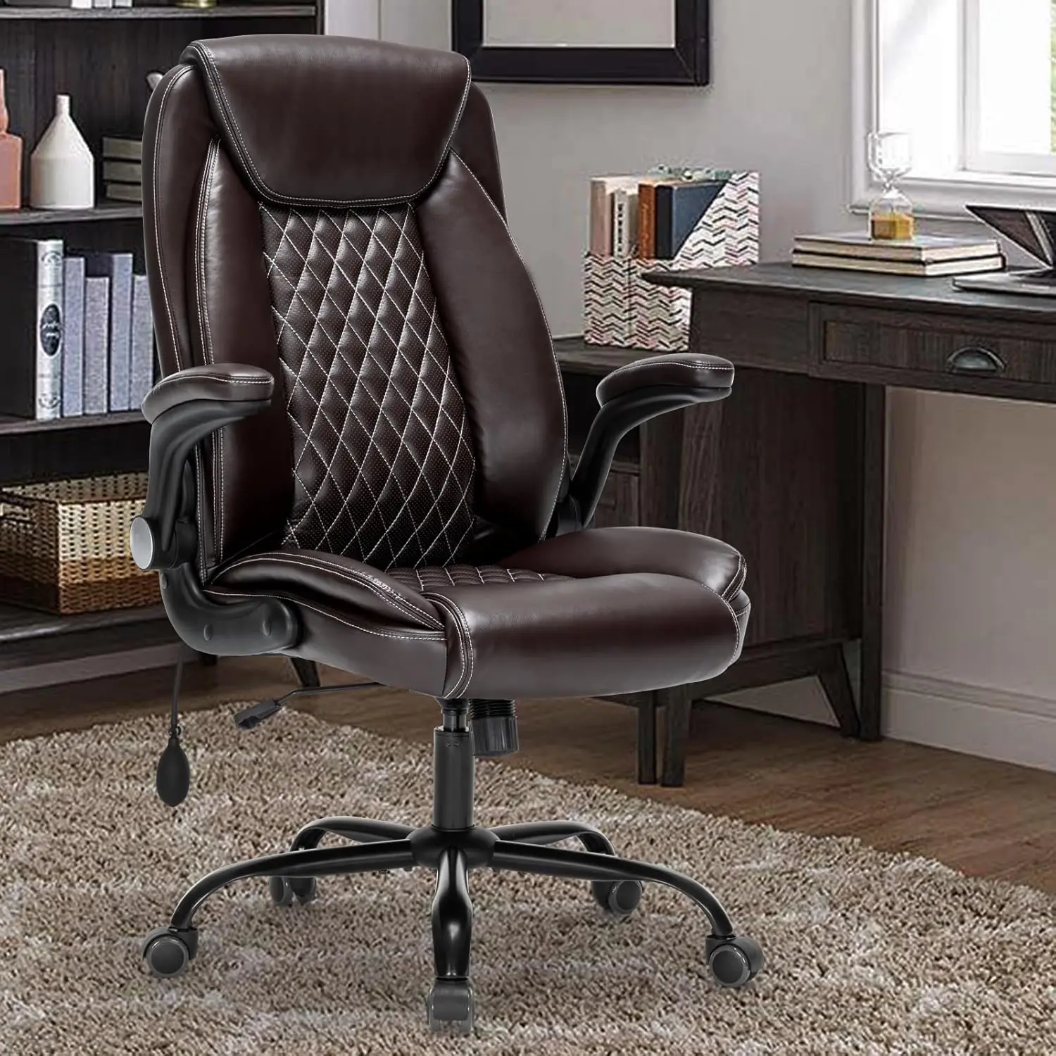 

Office Chair Desk Chair High Ba Computer Chair - Adjustable Lumbar Support With Flip-Up Arms Pu Leather With Spring Cushion