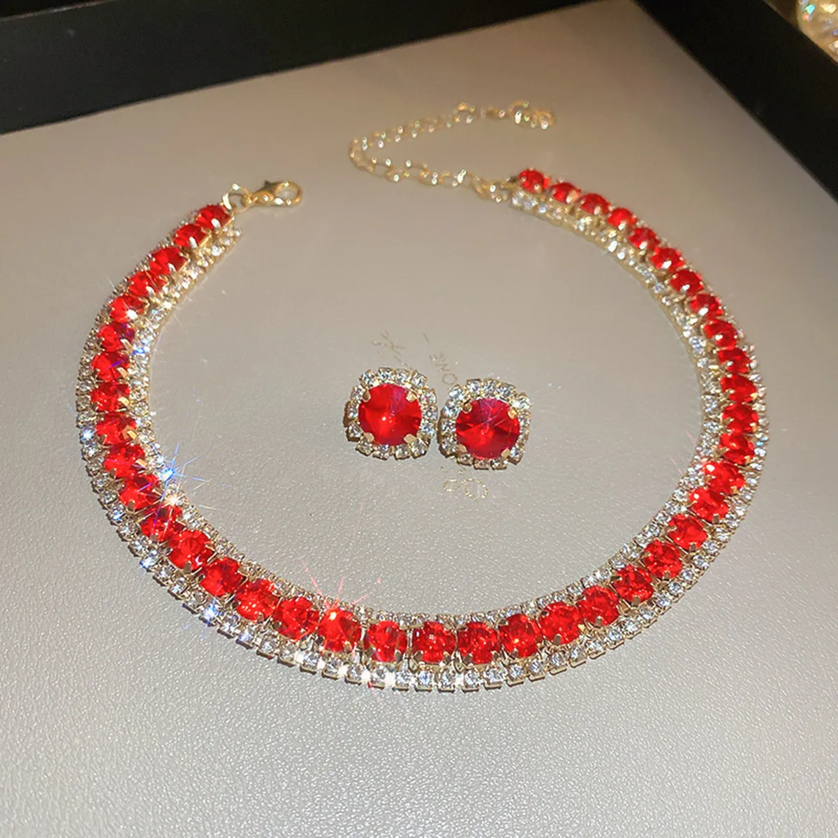 FYUAN Luxury Crystal Necklace Earrings Red Necklace for Women Weddings Party Jewelry Sets Accessories