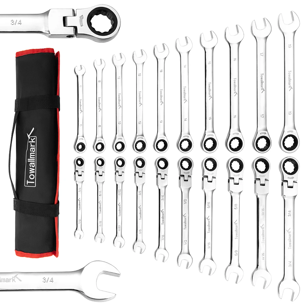 

20-Piece Ratcheting Combination Wrench Set, Combo Ratchet Wrenches Set with Storage Bag, 72 Teeth, SAE 1/4-3/4"& Metric 6-19mm