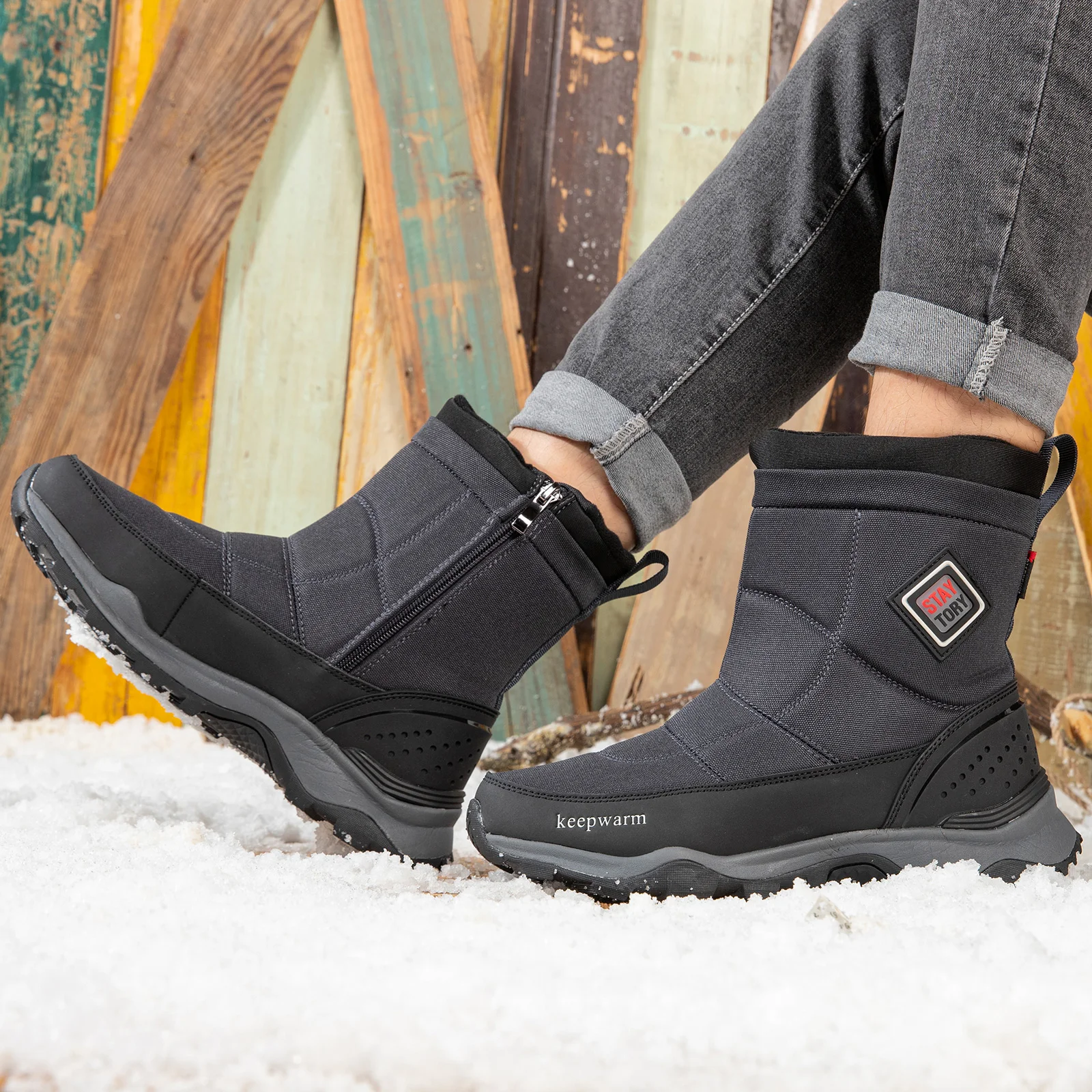 

Baasploa Men's Boots New Winter Warm Waterproof Leather Cotton Snow Boots Male Casual Thick Bottom Non-slip Walking Shoes