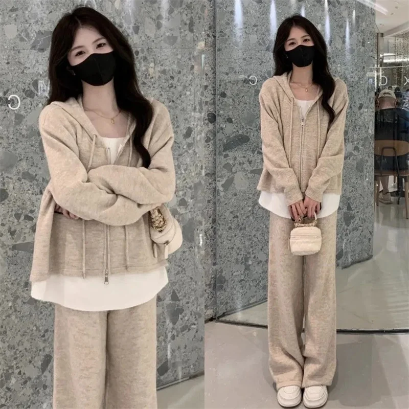 

Весенняя женская толстовка с длинными рукавами, корейский женский элитный топ, широкие брюки, комплект из двух предметов, осенний женский лоскутный повседневный комплект из 2 предметов
