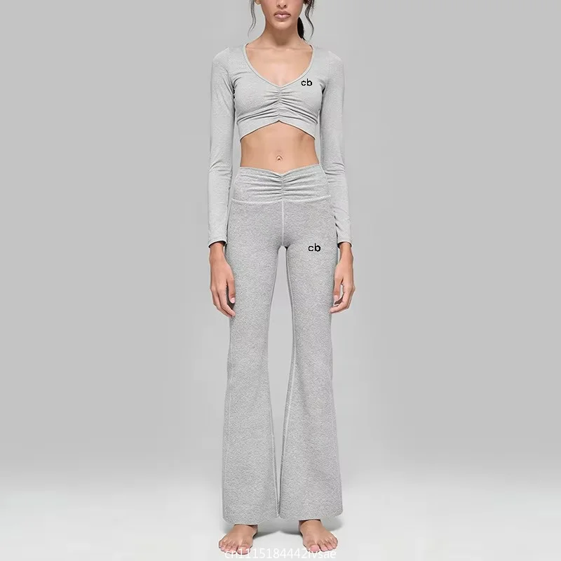 2026 New Women Cationic High Stretch Yoga 2-Piece Set Ruched Draping Loose Wide Leg Pants Long Sleeve Workout Top Sport Outfit