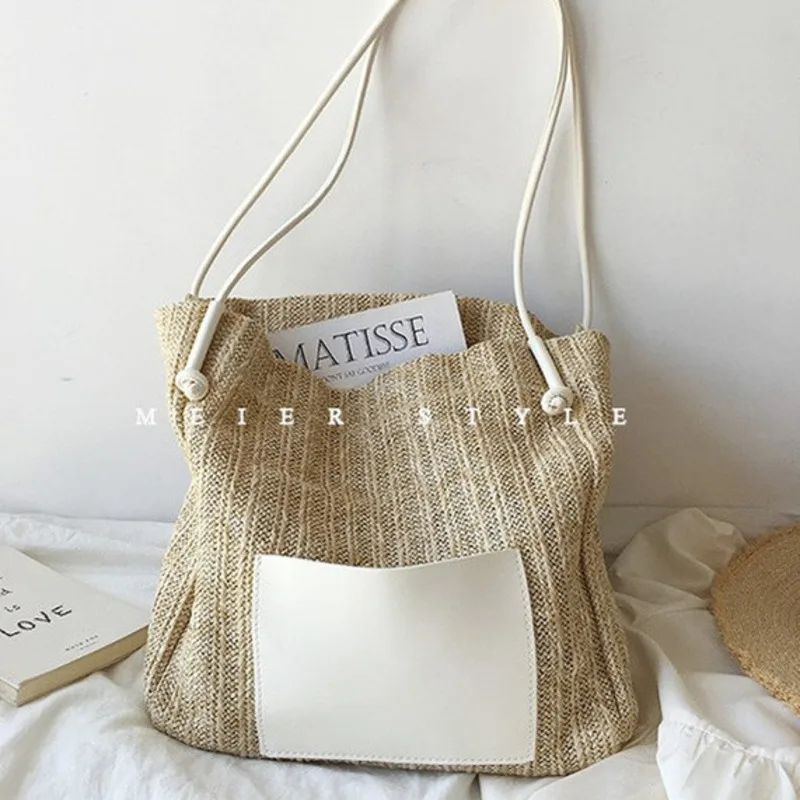 Summer New Trendy Vegetable Basket Grass Woven Bucket Handbag Single Girl shoulder bags female Crossbody Bag beach handbags