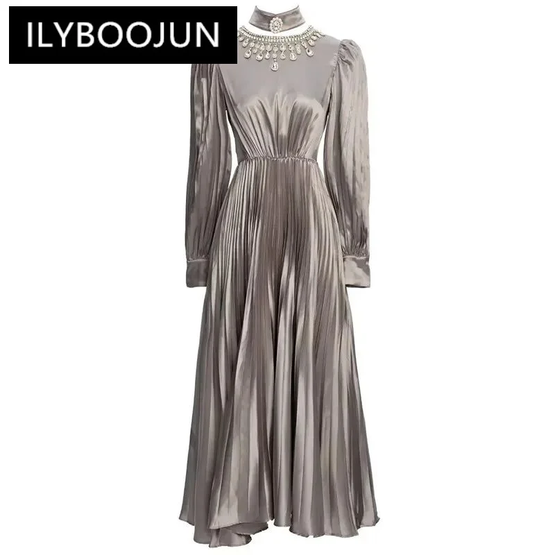 

ILYBOOJUN Fashion Runway Autumn Winter Women Dress O-neck Luxury Crystal bead High waist Lantern Sleeve Pleated Party Dress