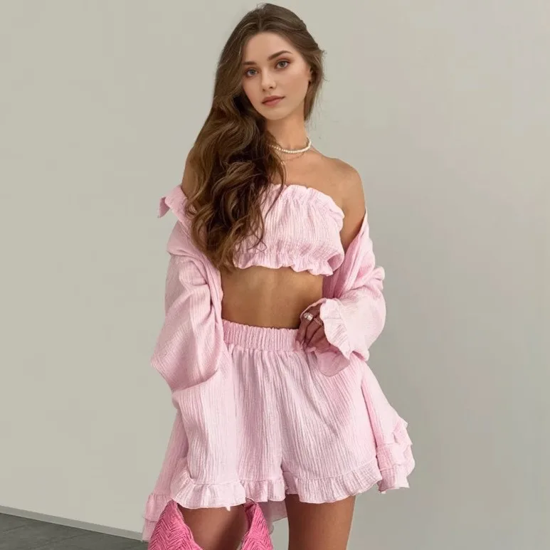 Set Long Sleeve Set with Notched Collar European and American Style Autumn Lightweight Thin Outdoor Loungewear Shorts for Women