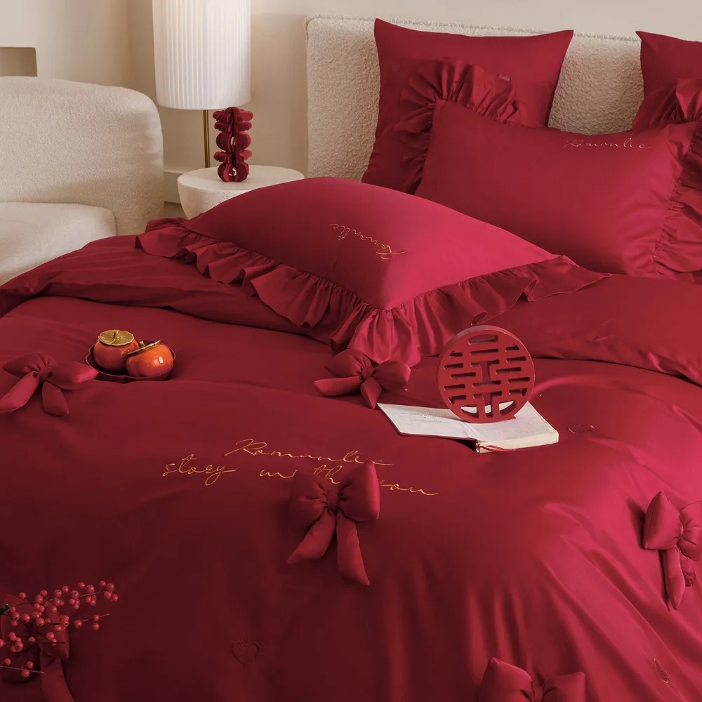 Pure Cotton Luxury Princess Wedding Four-piece Set Simple Red Quilt Cover Bed Sheet Pillowcase Dowry Wedding Bedding Set 4Pcs