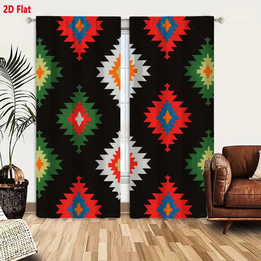 2Pcs Curtains 2D Flat Repeating Geometric Diamond Pattern On Black Background Red Green White Blue Orange Yellow Symmetrical Ste