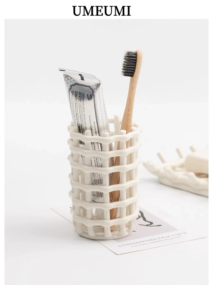 Nordic weaving white ceramic toothbrush holder toothpaste storage bucket creative design simple home modern