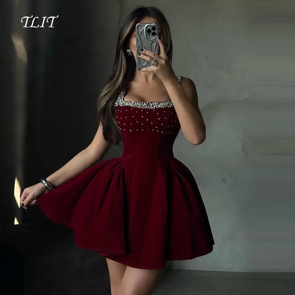 

TLIT Sexy Red Short Silk Satin A-Line Evening Gown Dresses Strapless Spaghetti Strap Crystals Prom Gowns Customized Formal Party