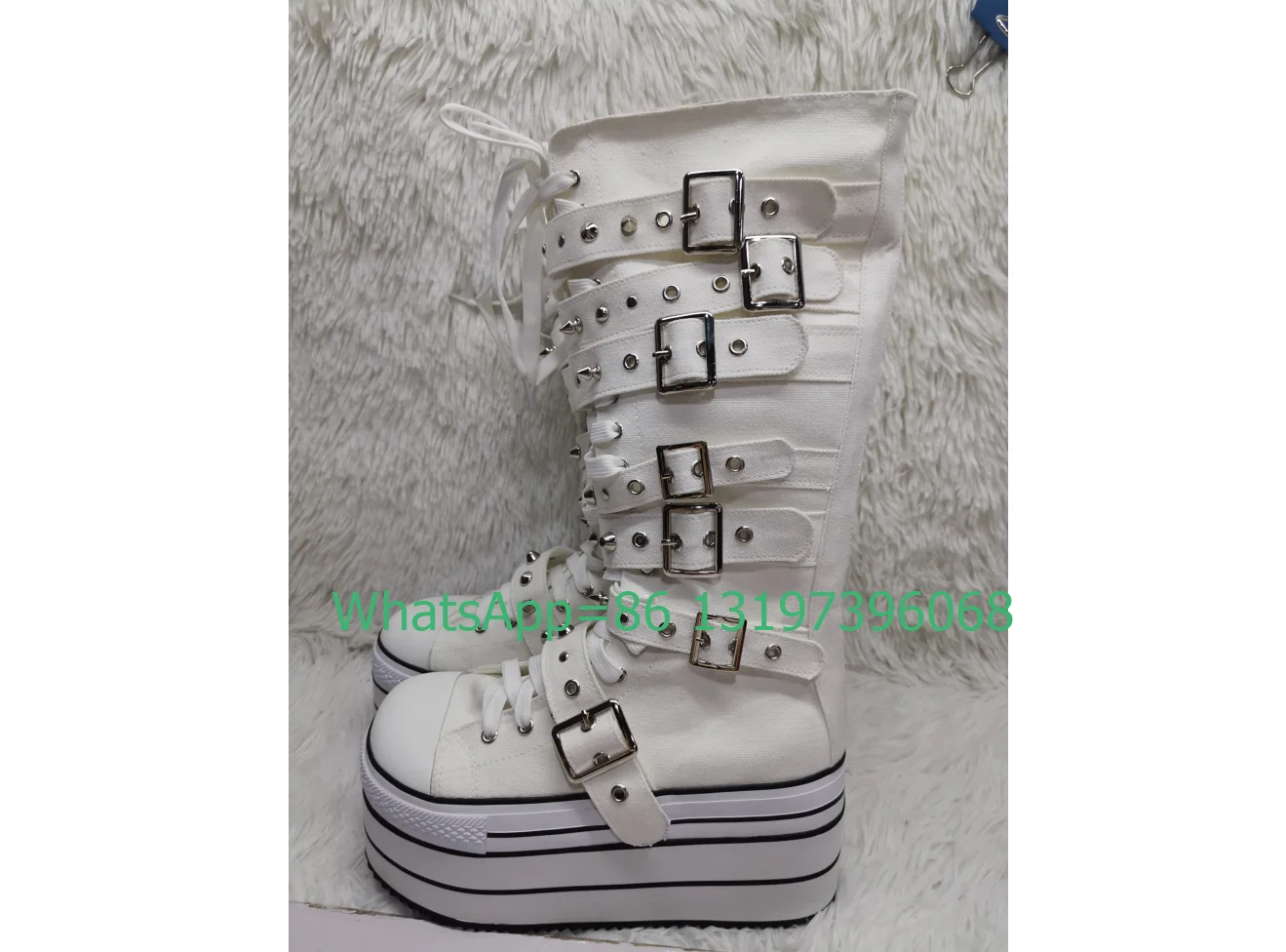 Lady canvas white buckle strap studed boots lace-up punk gothic style kne boots white denim design runway new arrive boots size
